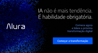 Banner da Alura convidando profissionais a desenvolver habilidades em inteligência artificial para acompanhar as transformações do mercado de tecnologia. A campanha destaca que quem utiliza IA produz mais, cresce na carreira e se torna mais competitivo, reforçando que a inteligência artificial deixou de ser tendência e passou a ser uma habilidade essencial. O banner incentiva a começar a aprender IA com os cursos da Alura e impulsionar a transformação digital.