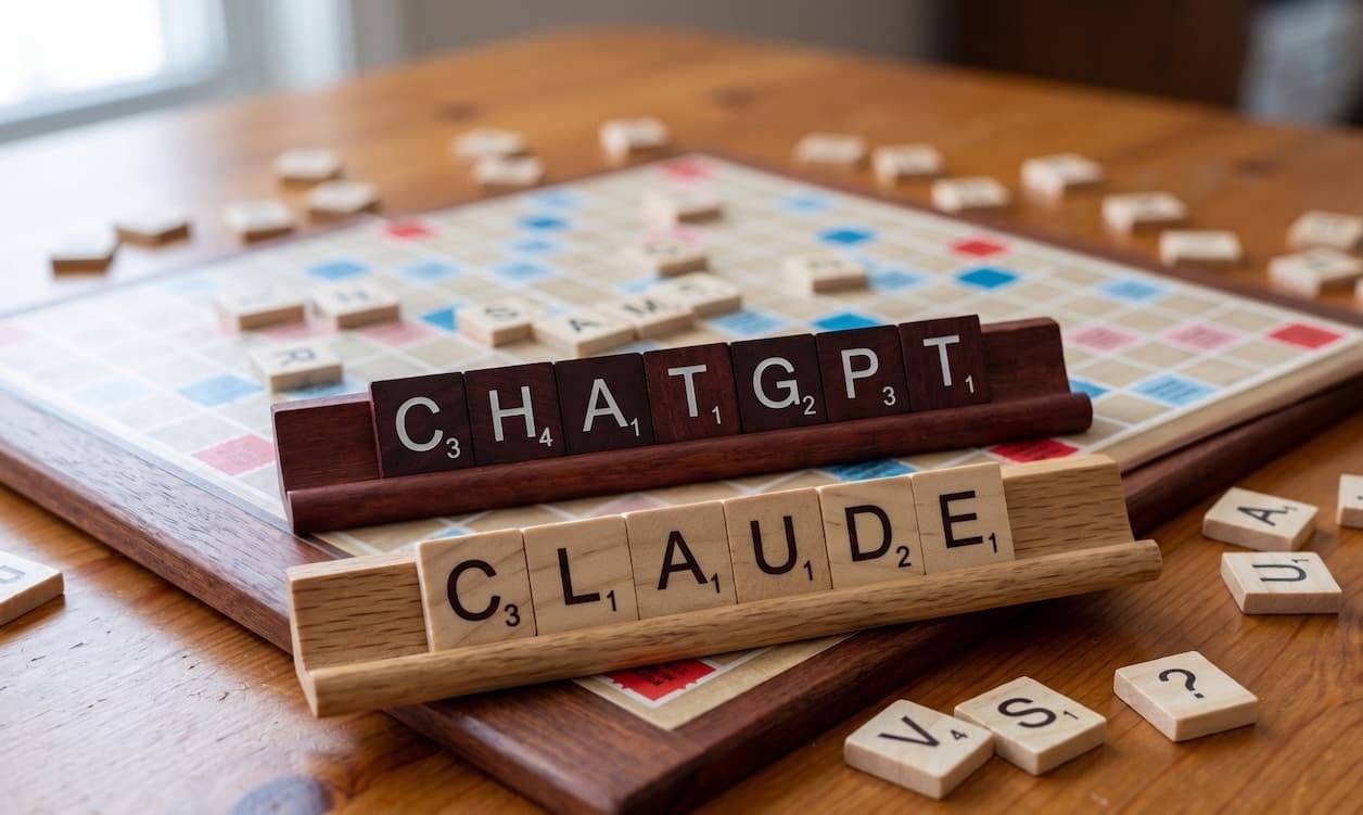 Peças de jogo de tabuleiro formando as palavras ChatGPT e Claude, com peças soltas escrevendo VS ao lado.