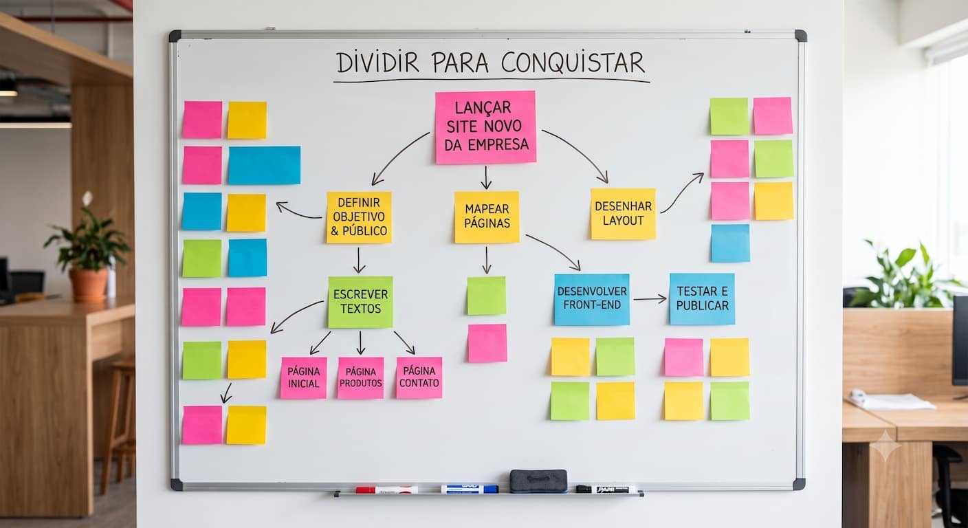 Quadro branco com post-its coloridos organizando um problema grande dividido em várias tarefas menores e conectadas. 