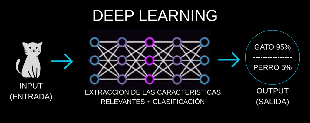 imagen explicativa de Deep Learning, donde tenemos, una imagen de gatito como input, la extraccion de las caracteristicas y clasificion por redes neurales, y la salida gato 95% - perro 5%.