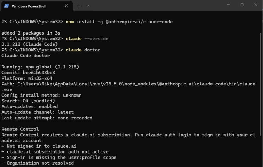 Captura de tela do Windows PowerShell mostrando a instalação do Claude Code via npm, seguida da execução dos comandos claude --version e claude doctor. O diagnóstico confirma a instalação, exibe informações da versão e indica que o usuário ainda não está autenticado na conta Claude.ai