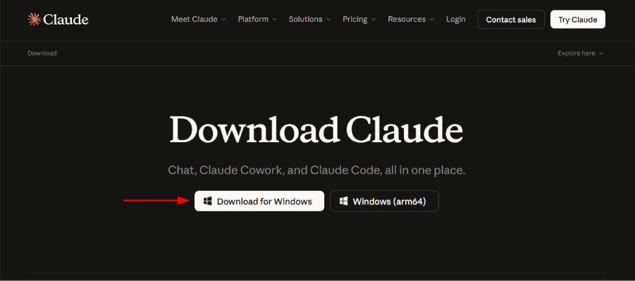 Captura de tela da página de download do Claude em tema escuro. O título "Download Claude" aparece acima dos botões de download. Uma seta vermelha destaca o botão "Download for Windows", indicando a opção recomendada para computadores com Windows