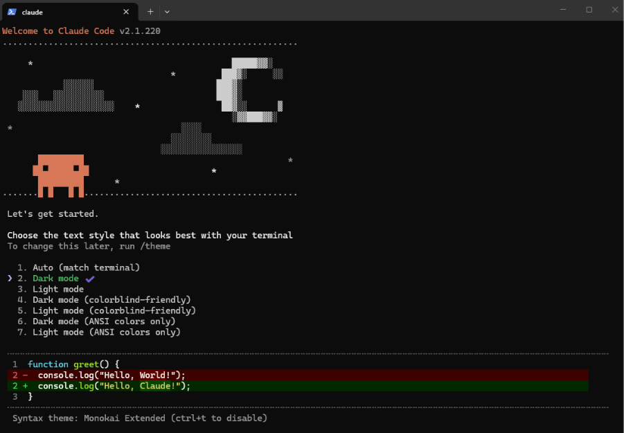 Captura de tela do Claude Code no terminal durante a configuração inicial. A tela permite escolher o tema de cores da interface, com a opção Dark mode selecionada. Na parte inferior, uma prévia mostra como o tema será aplicado ao código