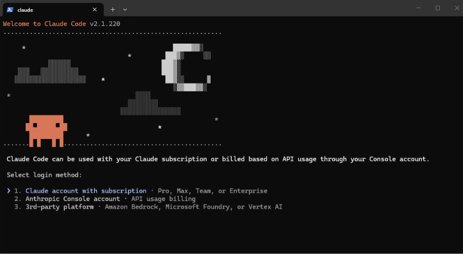 Captura de tela de terminal exibindo a tela inicial do Claude Code v2.1.220. O topo traz uma arte em pixel art de um personagem estilo retrô laranja sob uma paisagem noturna. Abaixo, é solicitada a seleção do método de login entre assinatura Claude, Anthropic Console ou plataformas parceiras