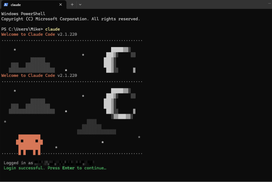 Captura de tela do terminal Windows PowerShell após executar o comando claude. A interface exibe a arte em pixel art do Claude Code v2.1.220 e a mensagem "Login successful. Press Enter to continue..." em verde, indicando que o login foi realizado com sucesso