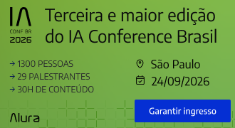 Banner da IA Conference Brasil 2026 anunciando a terceira edição do evento sobre inteligência artificial, em São Paulo, no dia 24 de setembro de 2026. O evento reúne 1.300 pessoas, 29 palestrantes e 30 horas de conteúdo sobre IA, com chamada para garantir o ingresso.