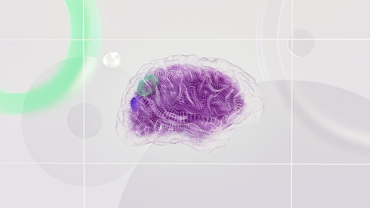 Ilustração tridimensional de um cérebro em malha translúcida roxa sobre um fundo claro com formas geométricas.