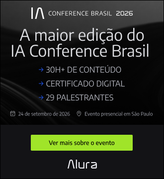 Banner da IA Conference Brasil 2026 anunciando a terceira edição do evento sobre inteligência artificial, em São Paulo, no dia 24 de setembro de 2026. O evento reúne 1.300 pessoas, 29 palestrantes e 30 horas de conteúdo sobre IA, com chamada para garantir o ingresso.