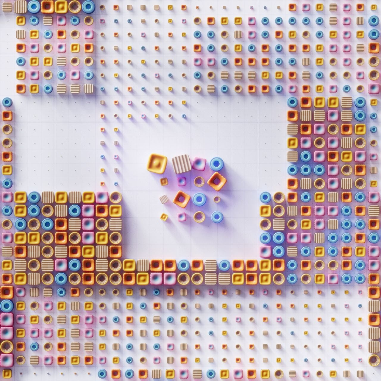 Renderização 3D de peças geométricas coloridas espalhadas sobre uma superfície clara com grade sutil, uma delas em primeiro plano, sugerindo a proliferação de agentes de forma abstrata. 