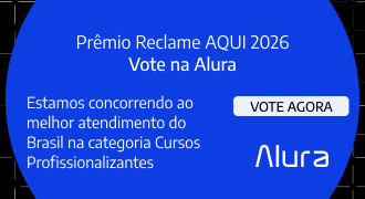 Banner da Alura para o Prêmio Reclame AQUI 2026, convidando o público a votar na escola na categoria Cursos Profissionalizantes. A mensagem destaca a participação da Alura na premiação e traz o botão “Vote agora” para registrar o voto.